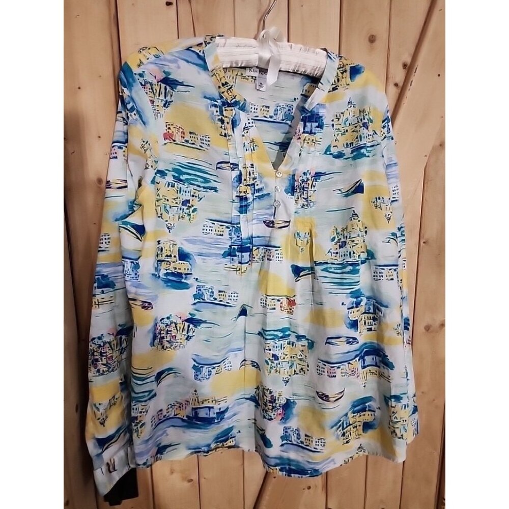 Kim Rogers Blouse Top Sz XL Quarter Button Town Valley Print 100% Cotton Novelty